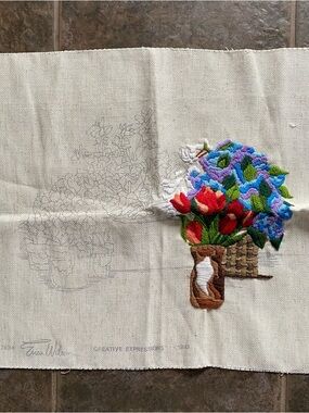 Floral Basket Embroidery Panel in Red, Blue, Green - Creative Expressions